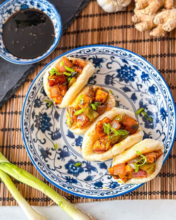 Chilli Paneer Bao Buns using Gusto's Schezwan Sauce, Red Chili Sauce, Dark Soya Sauce and Vinegar Sauce