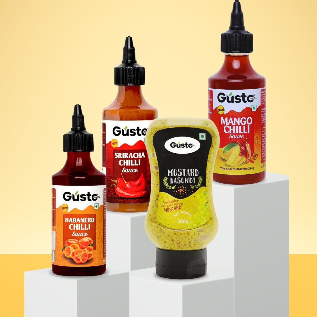 Gusto Foods Spicy Fusion Combo – Mango Chilli, Mustard Kasundi, Habanero & Sriracha Chilli Sauce