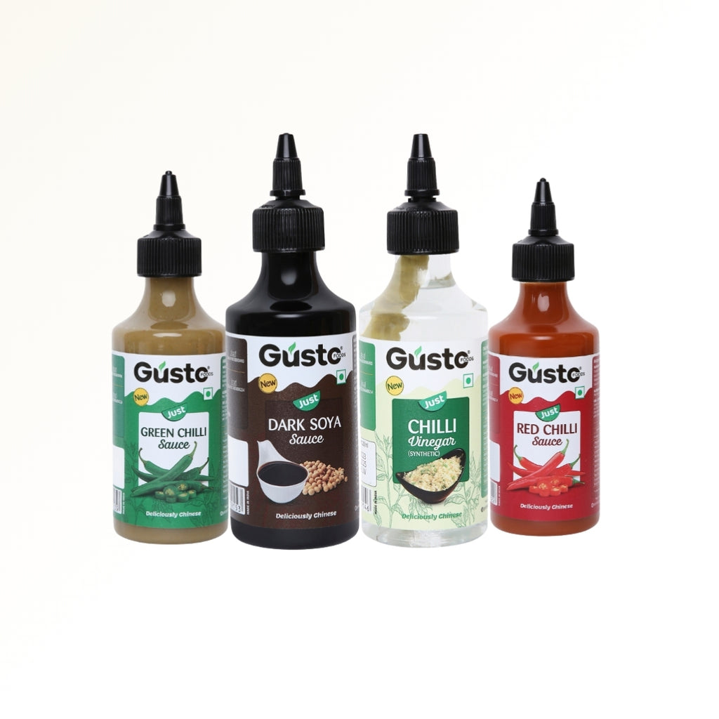 Chinese Kitchen Essentials (Green chilli sauce+ Red chilli sauce + Soya sauce + Chilli Vinegar)