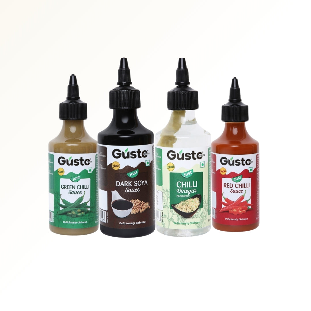 Chinese Kitchen Essentials (Green chilli sauce+ Red chilli sauce + Soya sauce + Chilli Vinegar)