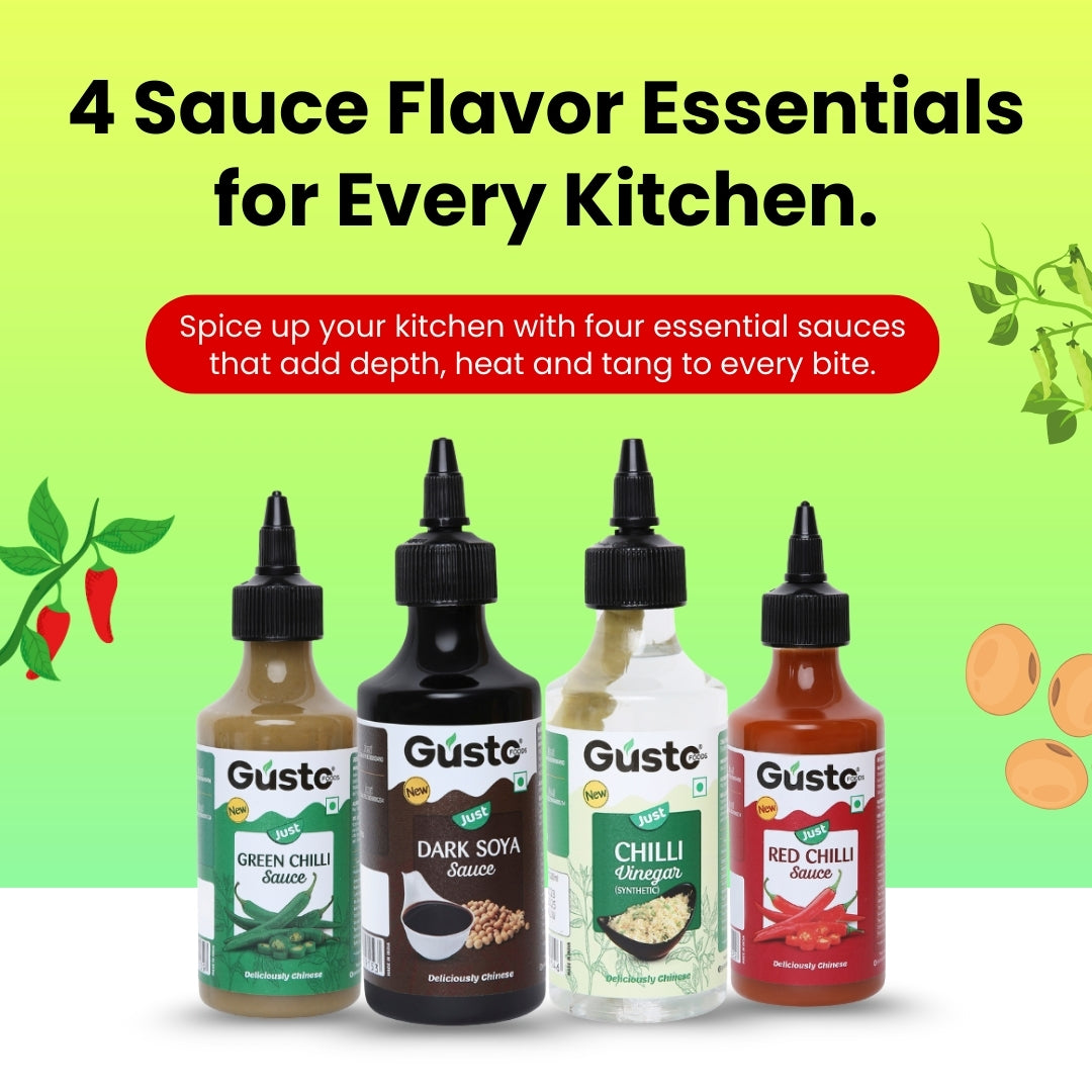 Chinese Kitchen Essentials (Green chilli sauce+ Red chilli sauce + Soya sauce + Chilli Vinegar)