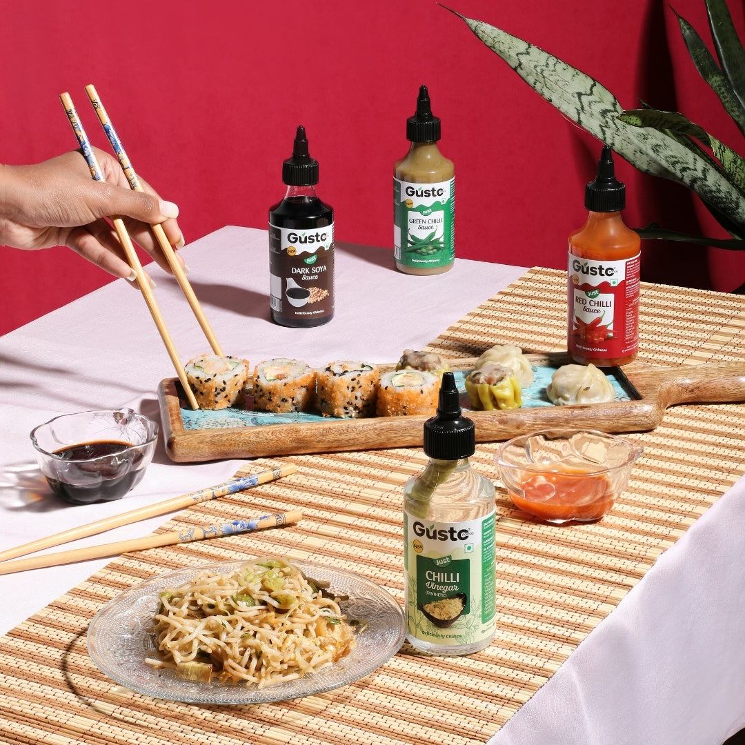 Chinese Kitchen Essentials (Green chilli sauce+ Red chilli sauce + Soya sauce + Chilli Vinegar)