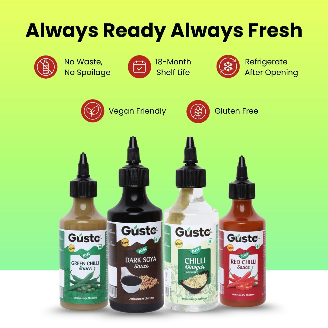 Chinese Kitchen Essentials (Green chilli sauce+ Red chilli sauce + Soya sauce + Chilli Vinegar)