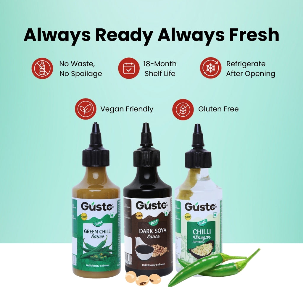 Dark Soya Sauce 210gm + Chilli Vinegar 170ml + Green Chilli 190gm (Chinese Pack of 3)