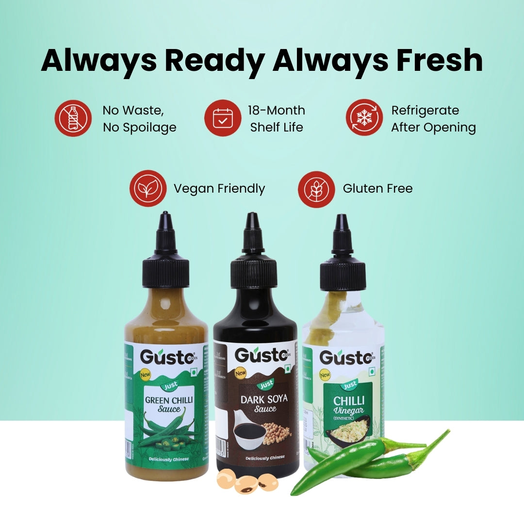 Dark Soya Sauce 210gm + Chilli Vinegar 170ml + Green Chilli 190gm (Chinese Pack of 3)