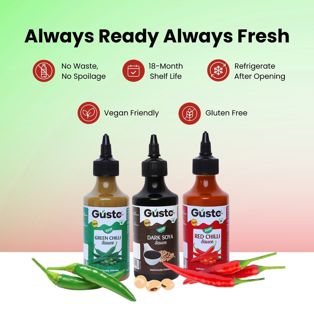 Red Chilli Sauce 200gm + Green Chilli Sauce 190gm + Dark Soya Sauce 210gm