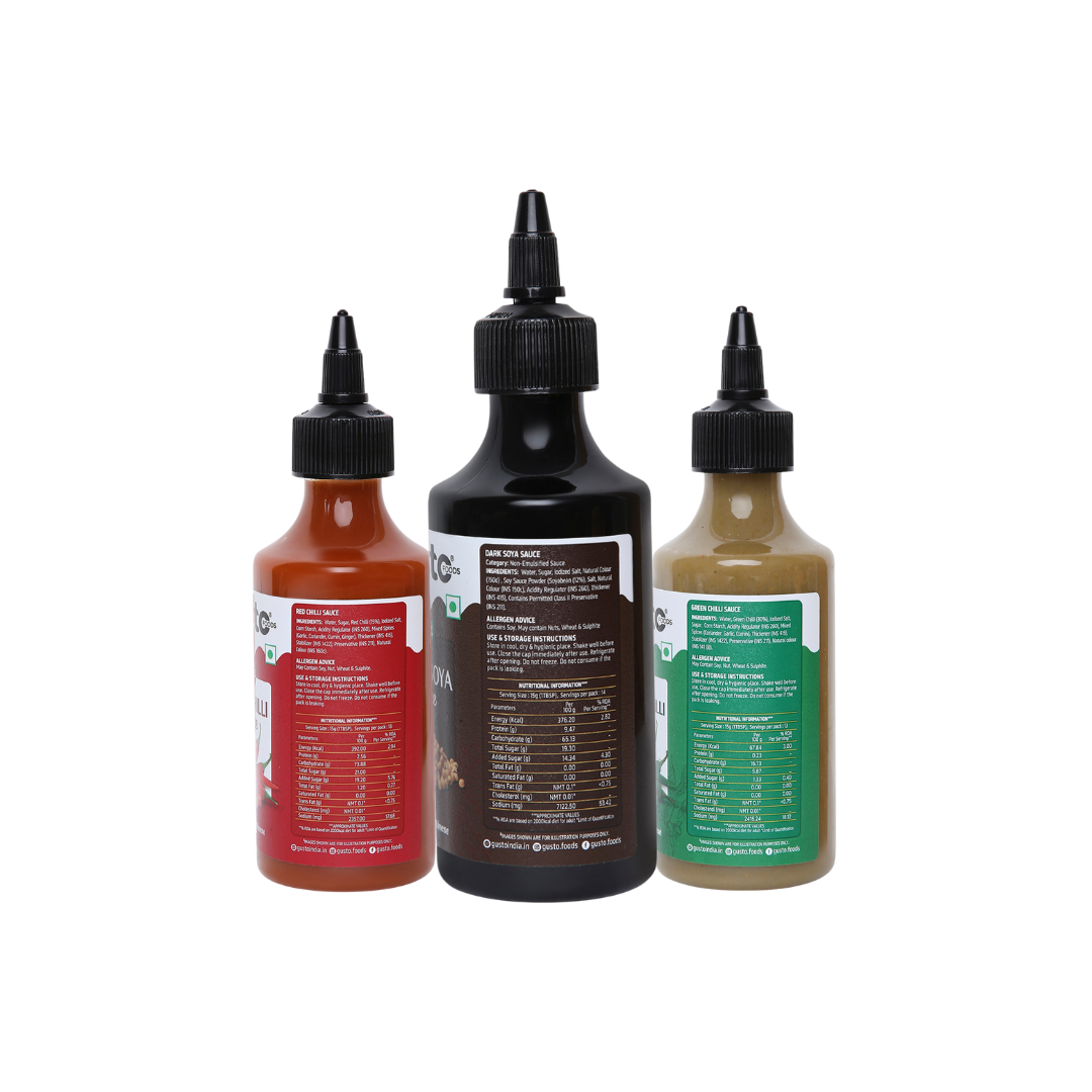 Red Chilli Sauce 200gm + Green Chilli Sauce 190gm + Dark Soya Sauce 210gm