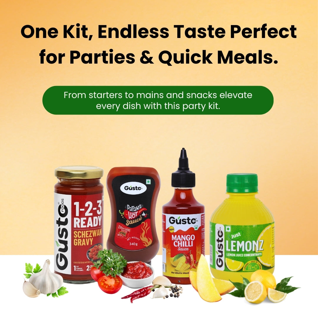 Party Kit (Schezwan Gravy + pataka hot sauce + mango chilli sauce + Lemon juice concentrate)