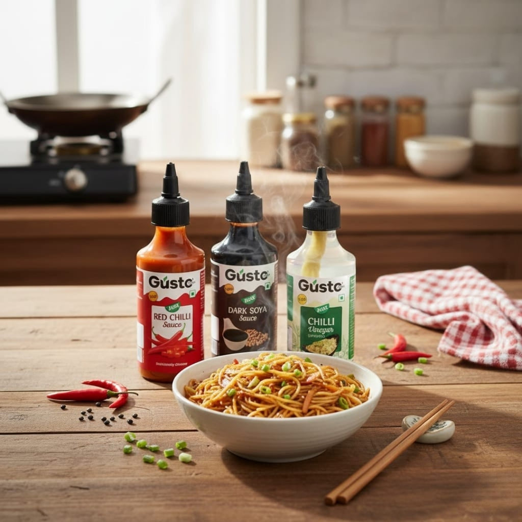 Red Chilli Sauce + Chilli Vinegar + Dark Soya Sauce