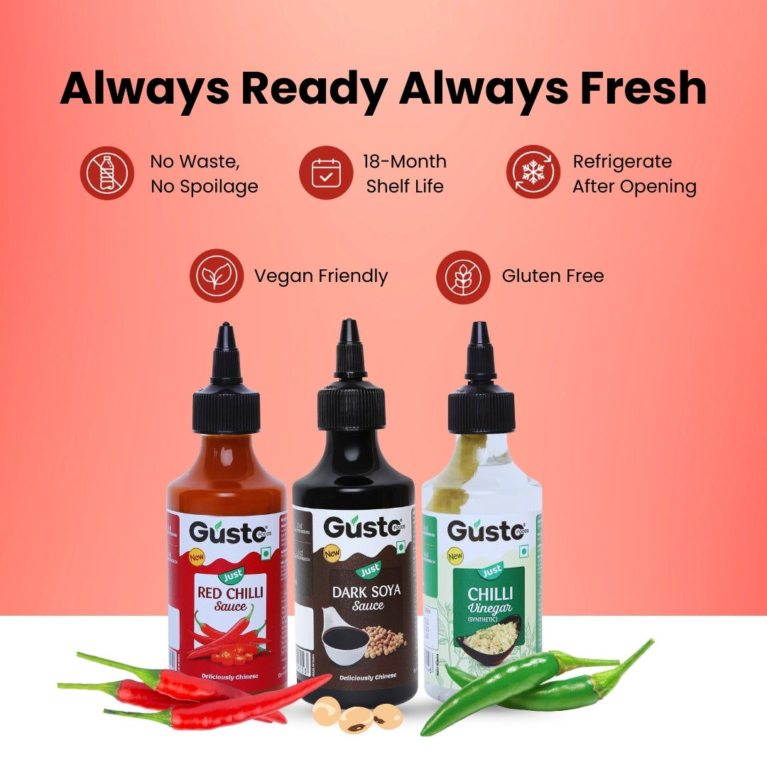 Red Chilli Sauce + Chilli Vinegar + Dark Soya Sauce