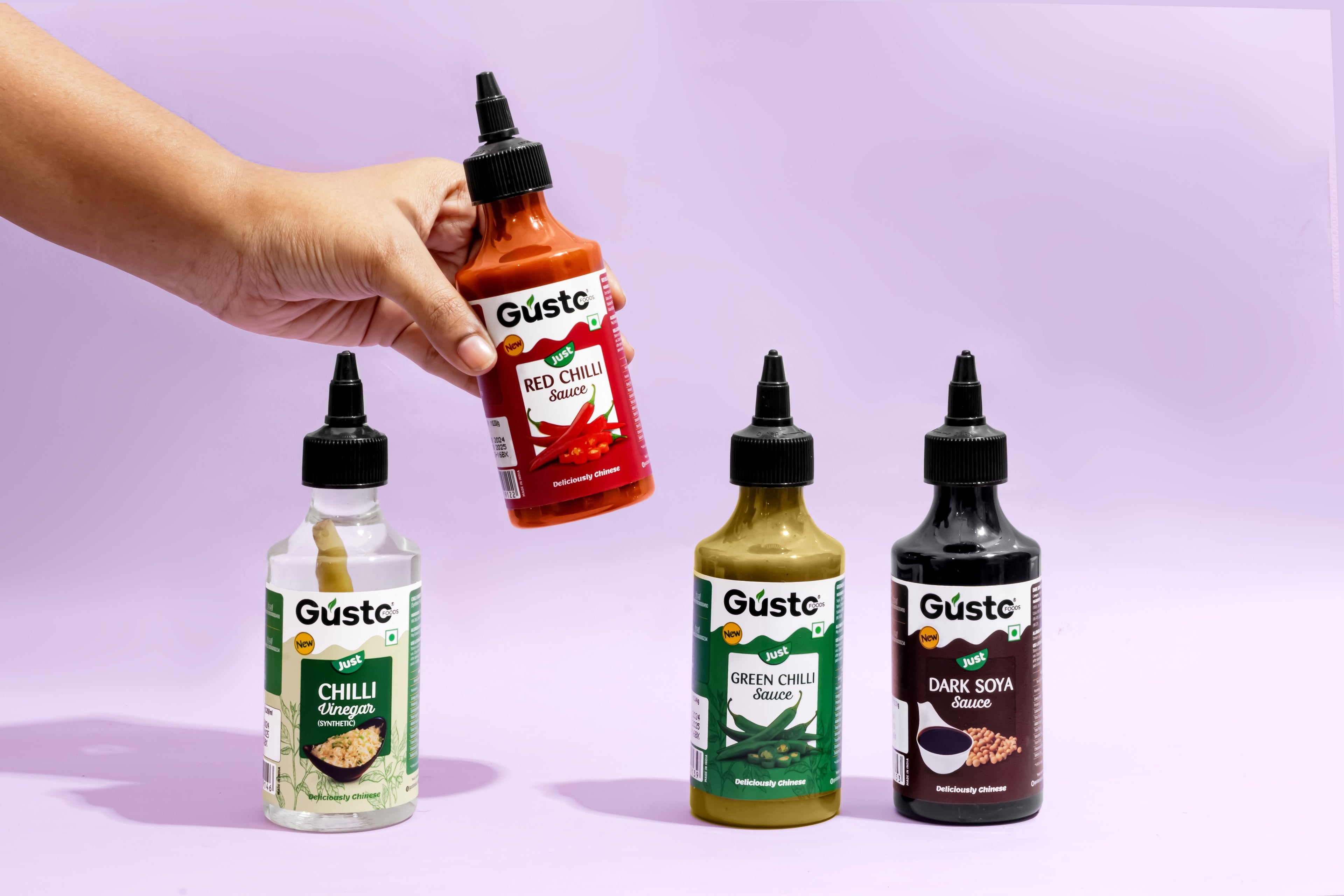 Chinese Kitchen Essentials (Green chilli sauce+ Red chilli sauce + Soya sauce + Chilli Vinegar)