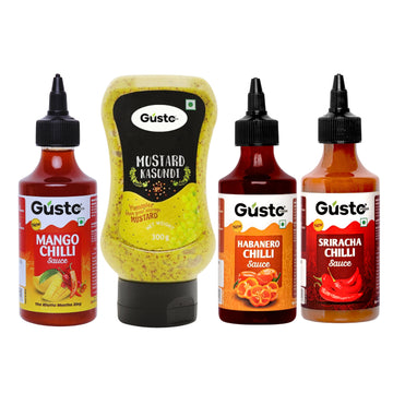 Gusto Foods Spicy Fusion Combo – Mango Chilli, Mustard Kasundi, Habanero & Sriracha Chilli Sauce