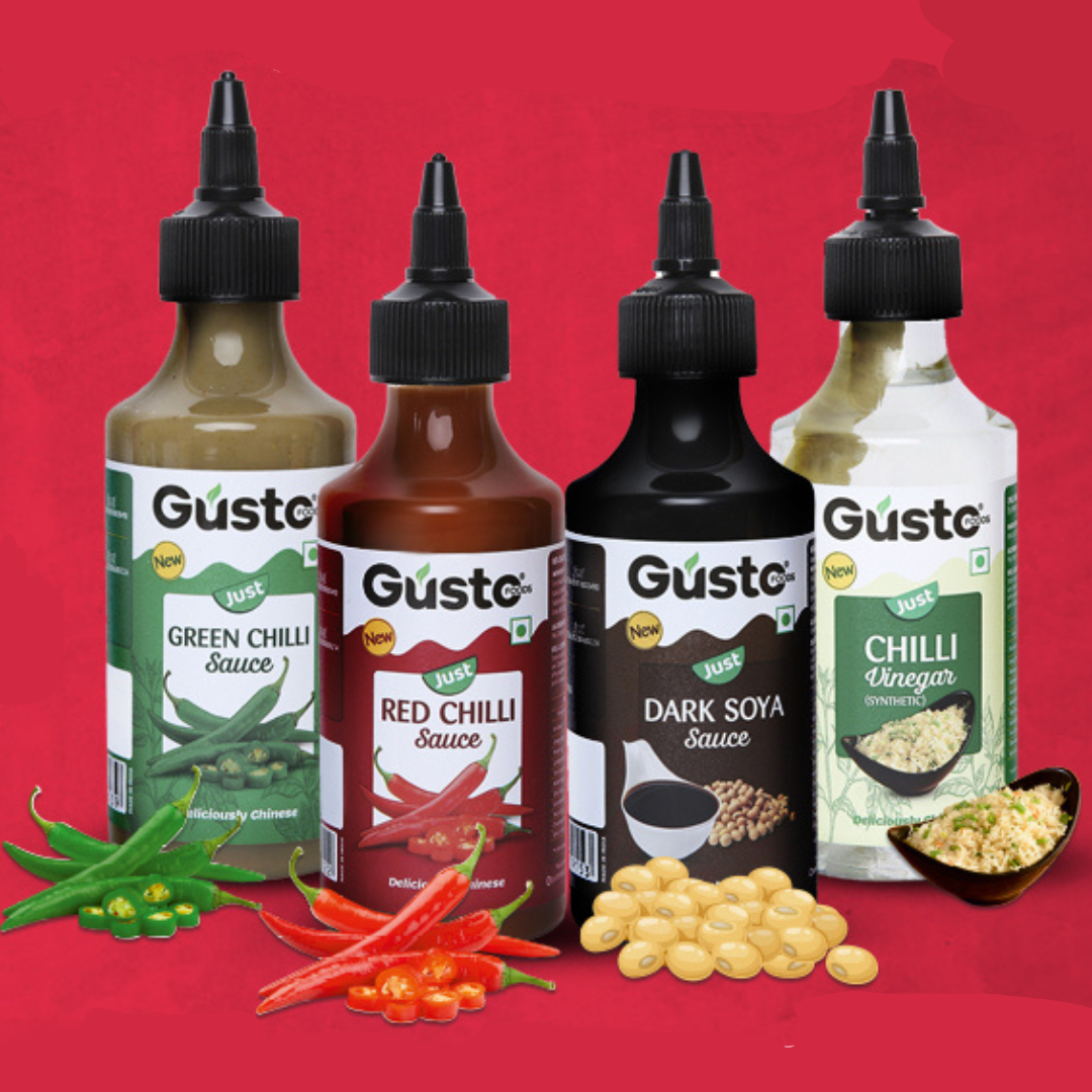 Chinese Kitchen Essentials (Green chilli sauce+ Red chilli sauce + Soya sauce + Chilli Vinegar)